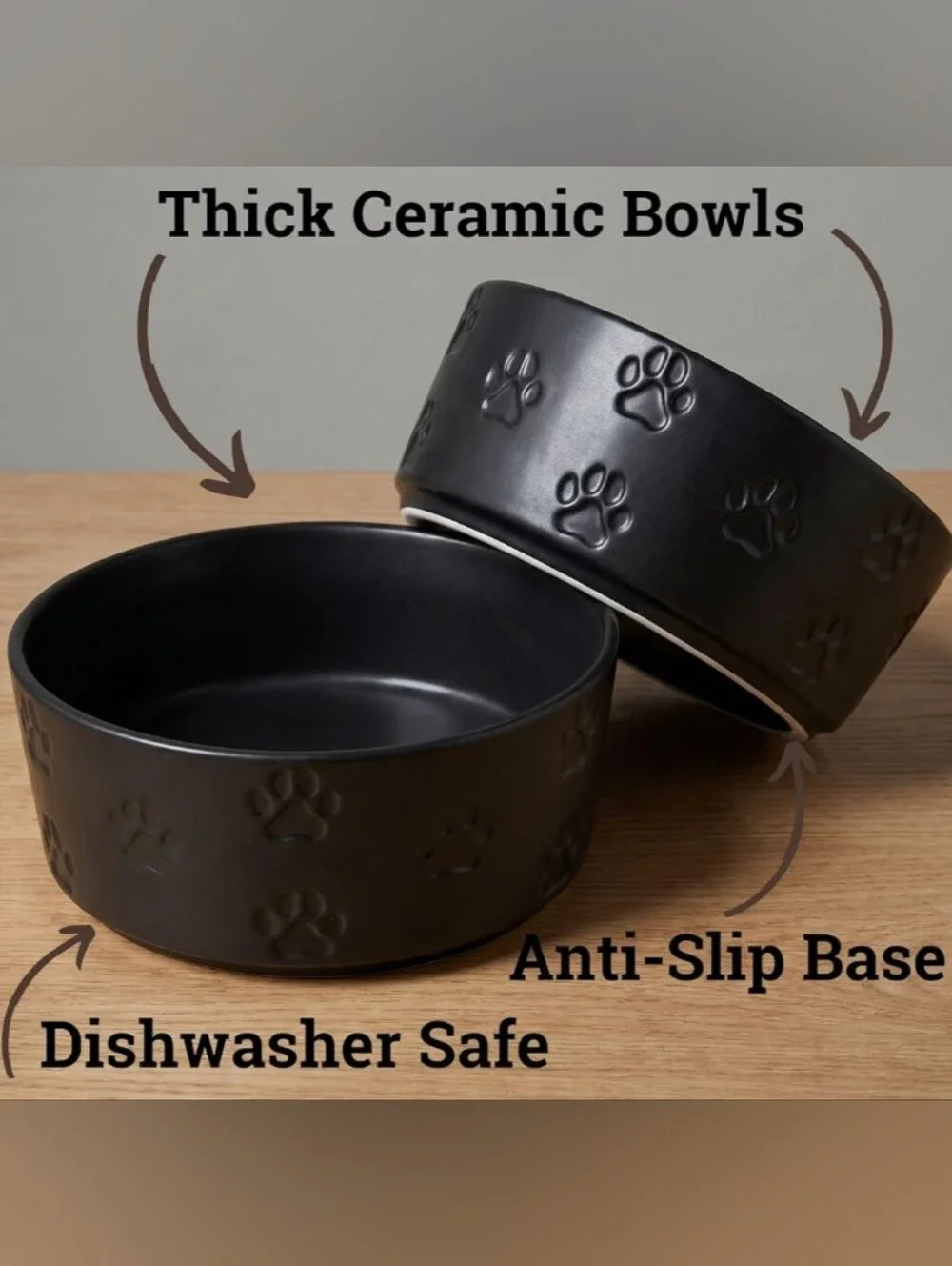 NWOT HB Design Co. Dog Paw Embossed Black Ceramic Pet Non-Skid Bowl Set